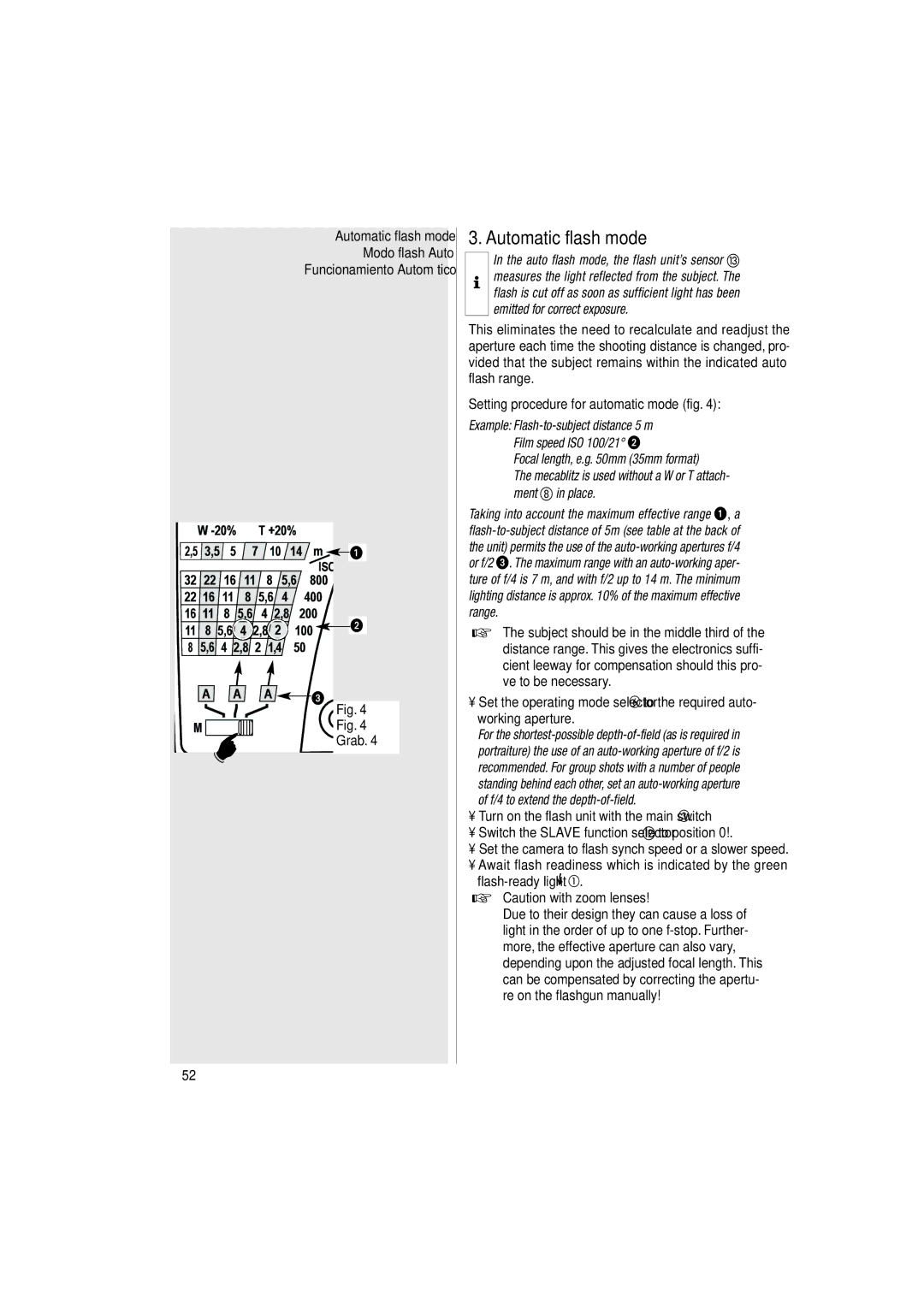 Metz 34 CS-2 operating instructions Automatic flash mode, Setting procedure for automatic mode fig, Working aperture 