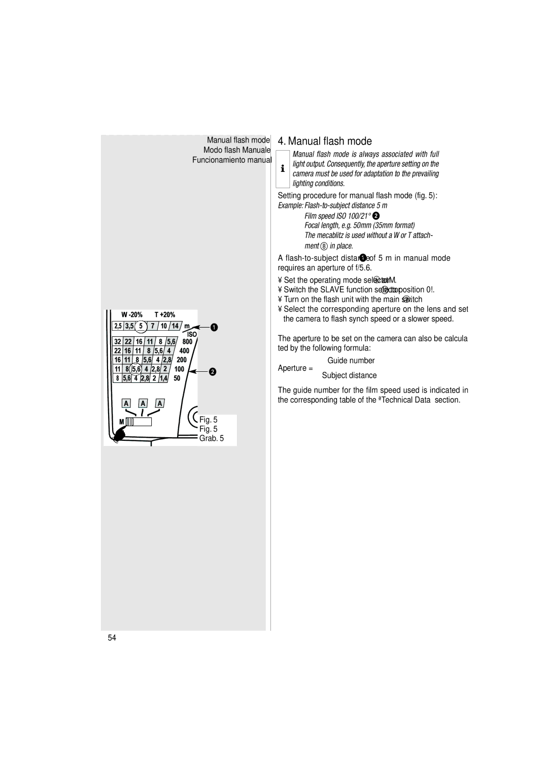 Metz 34 CS-2 Manual flash mode, At M, Guide number Aperture = Subject distance, Flash-to-subject distance, To position 