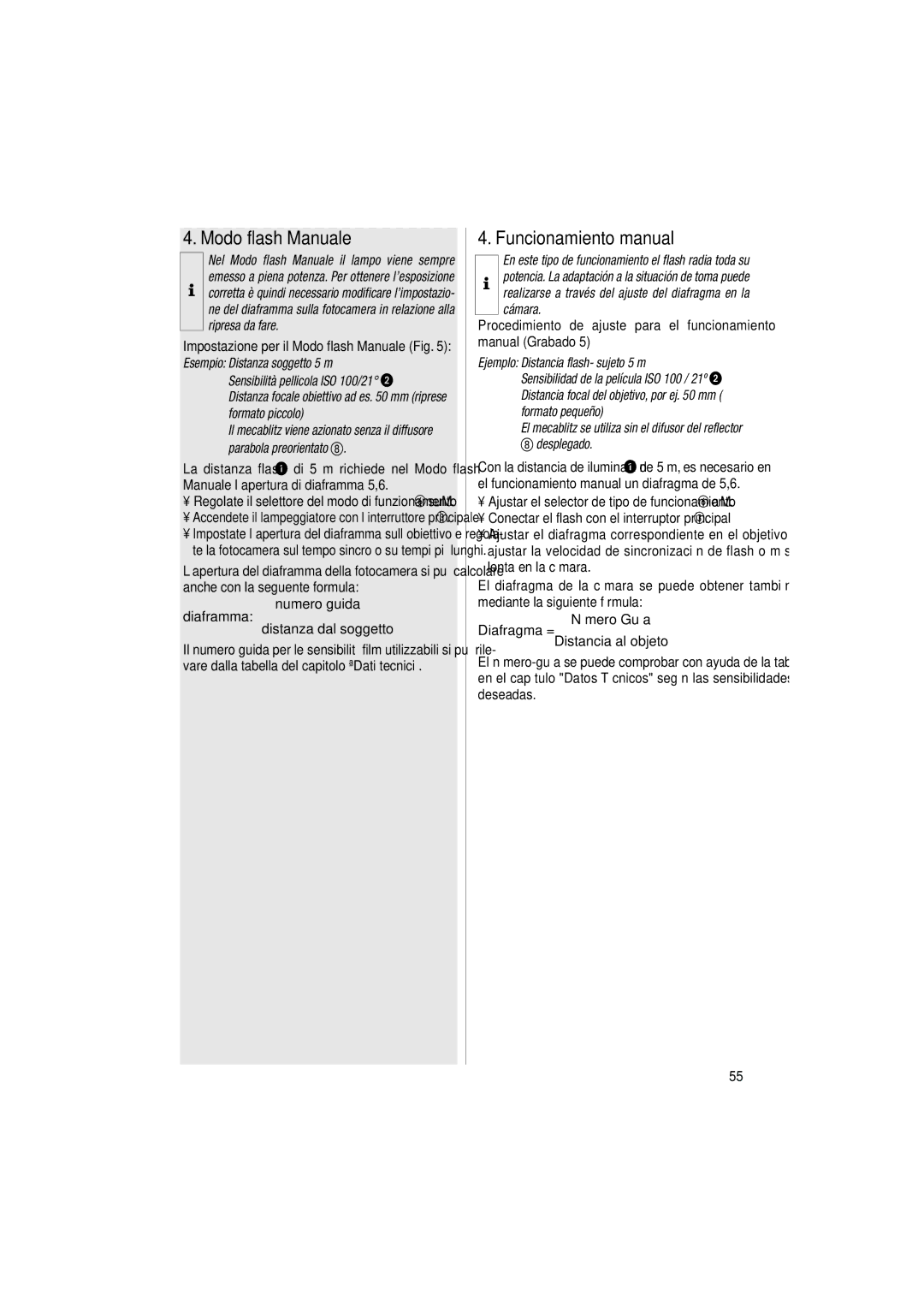 Metz 34 CS-2 operating instructions Modo flash Manuale, Funcionamiento manual, Numero guida Diaframma Distanza dal soggetto 