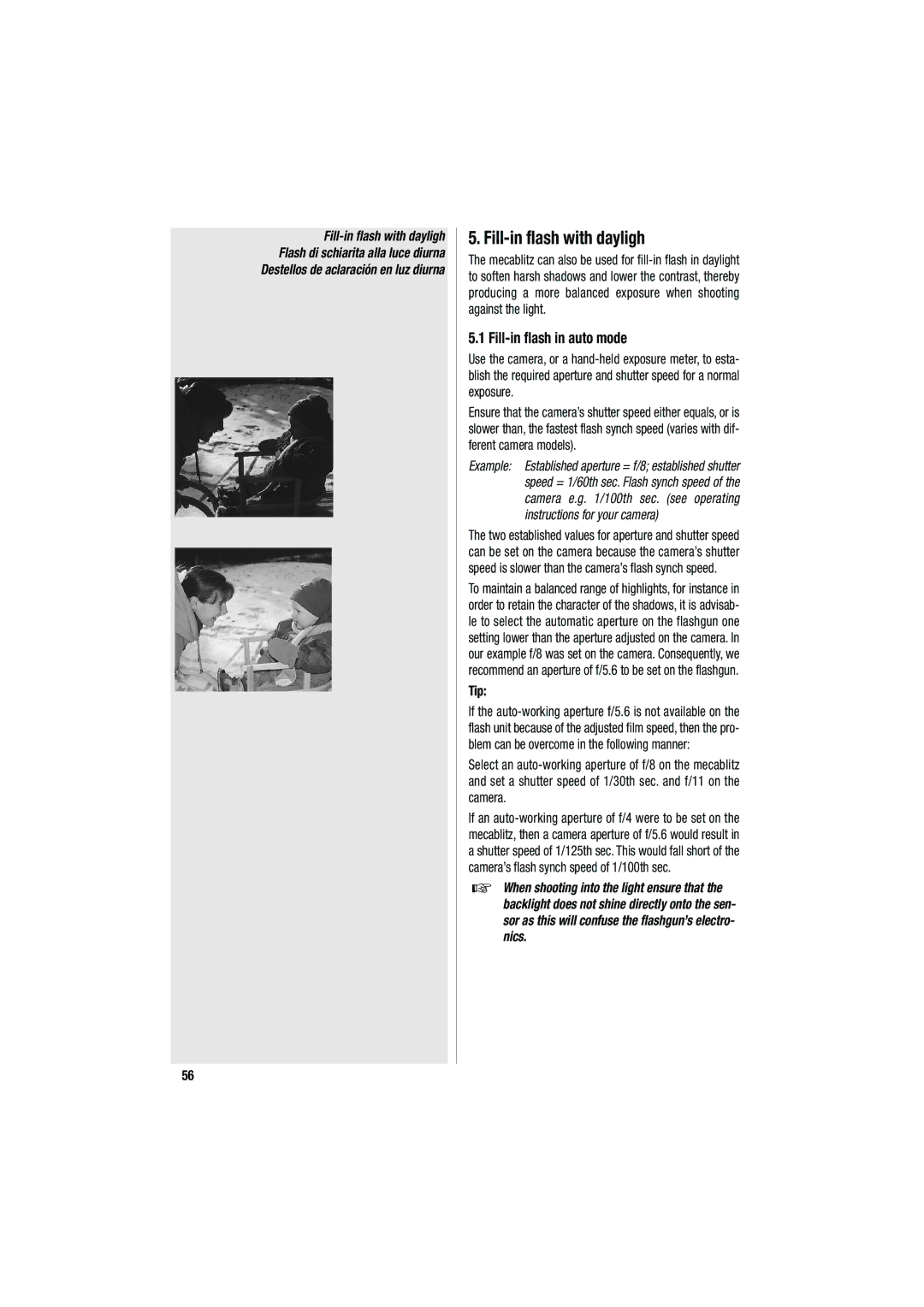 Metz 34 CS-2 operating instructions Fill-in flash with dayligh, Fill-in flash in auto mode 