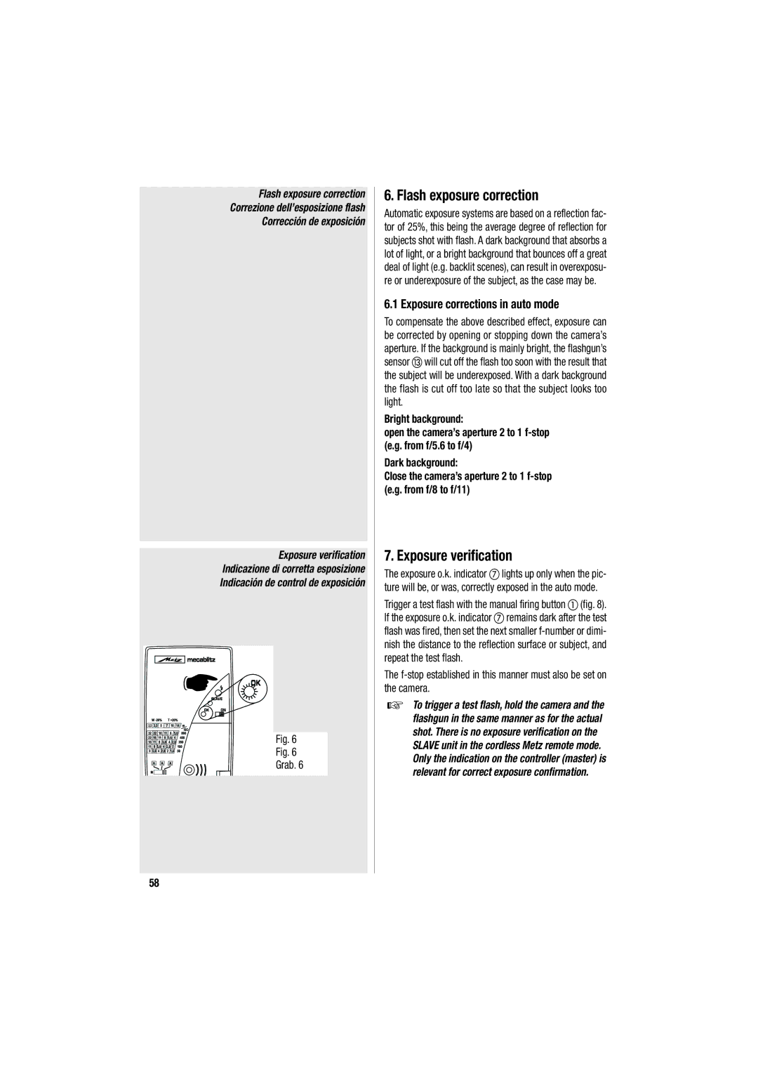 Metz 34 CS-2 operating instructions Flash exposure correction, Exposure verification, Exposure corrections in auto mode 