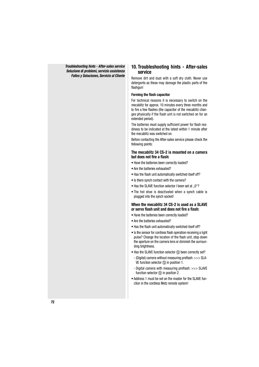 Metz 34 CS-2 operating instructions Troubleshooting hints After-sales service, Forming the flash capacitor 