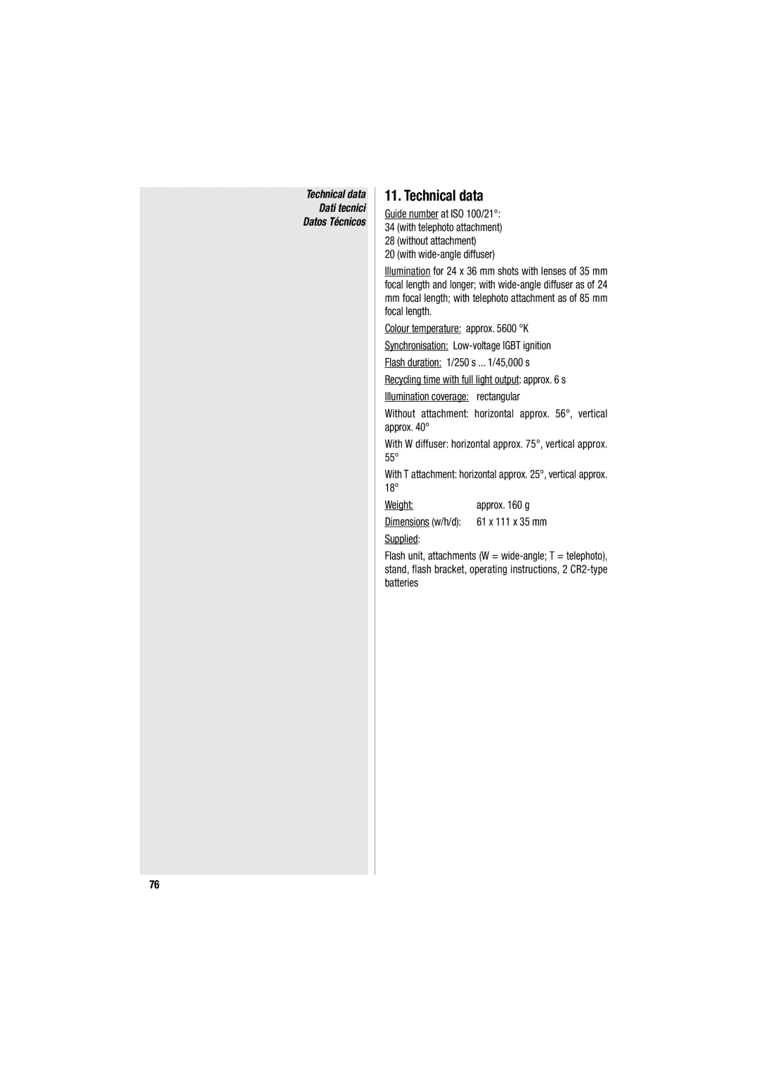 Metz 34 CS-2 operating instructions Technical data, With wide-angle diffuser, Dimensions w/h/d 