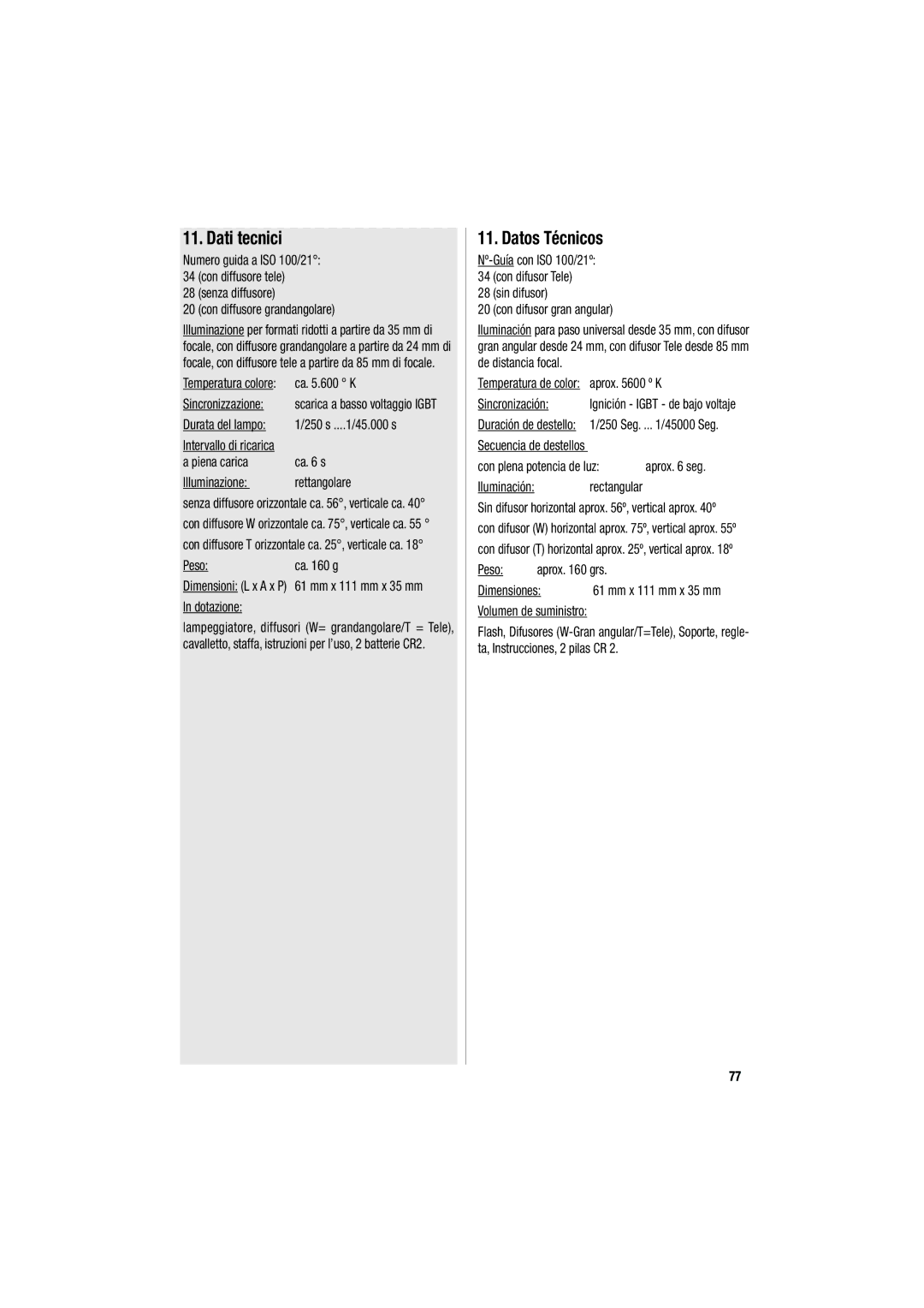 Metz 34 CS-2 operating instructions Dati tecnici, Datos Técnicos 