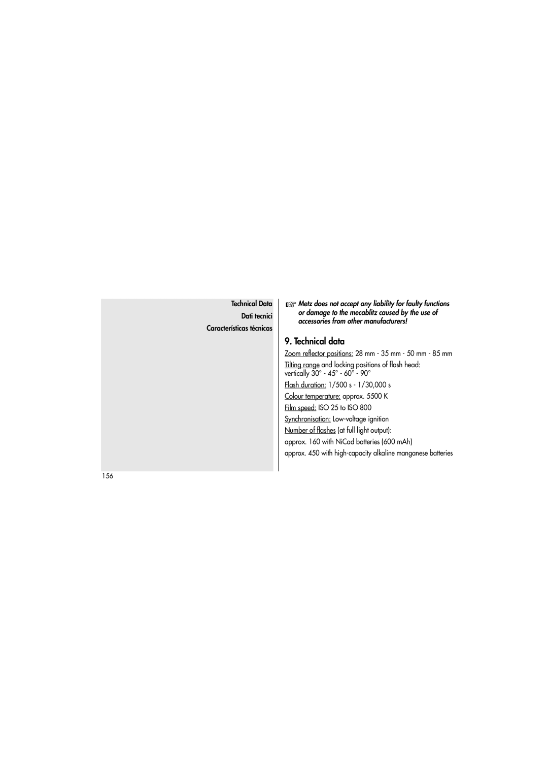 Metz 36 AF-3M, 36 AF-3N, 36 AF-3C operating instructions Technical data 