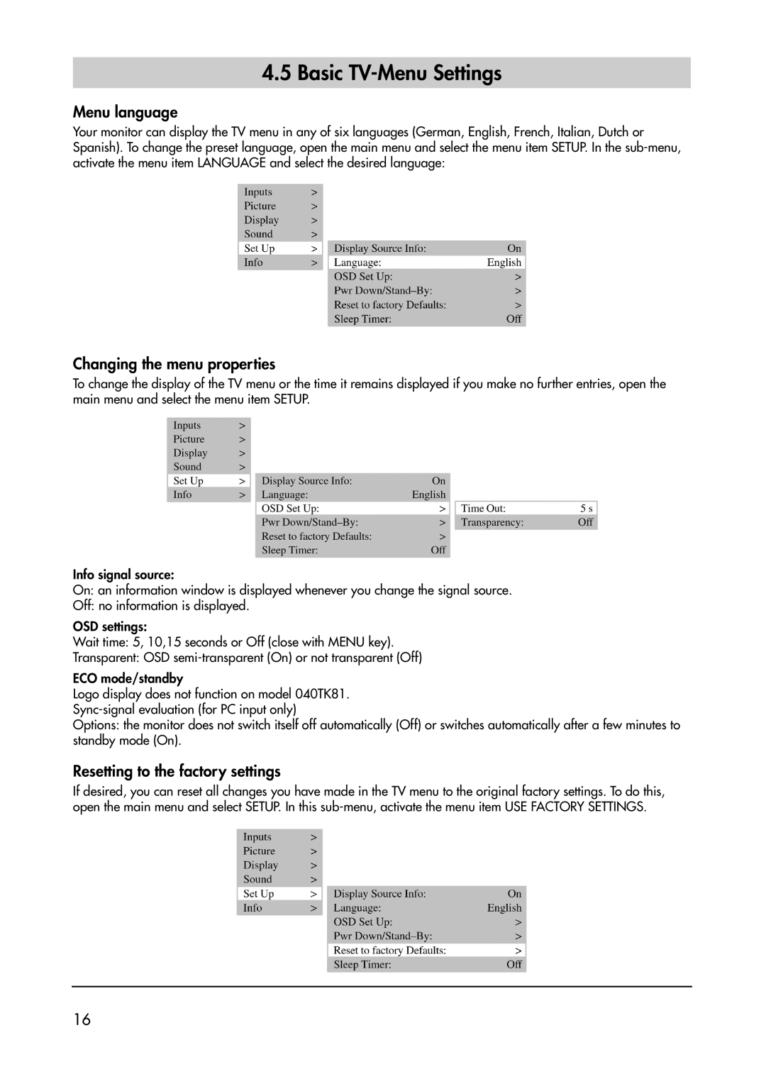 Metz 40 TK 81 manual Basic TV-Menu Settings, Menu language, Changing the menu properties, Resetting to the factory settings 