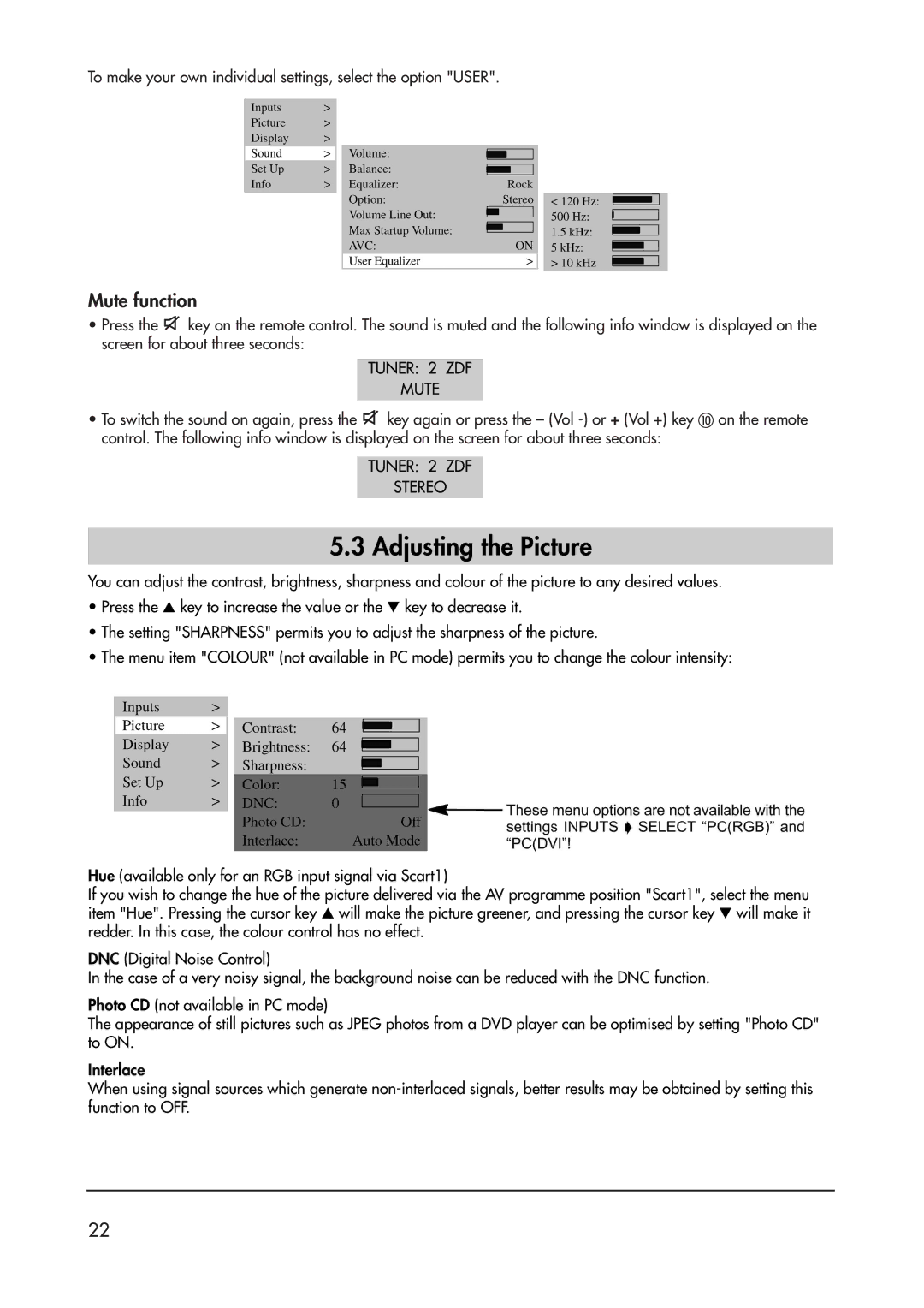 Metz 40 TK 81 manual Adjusting the Picture, Mute function 