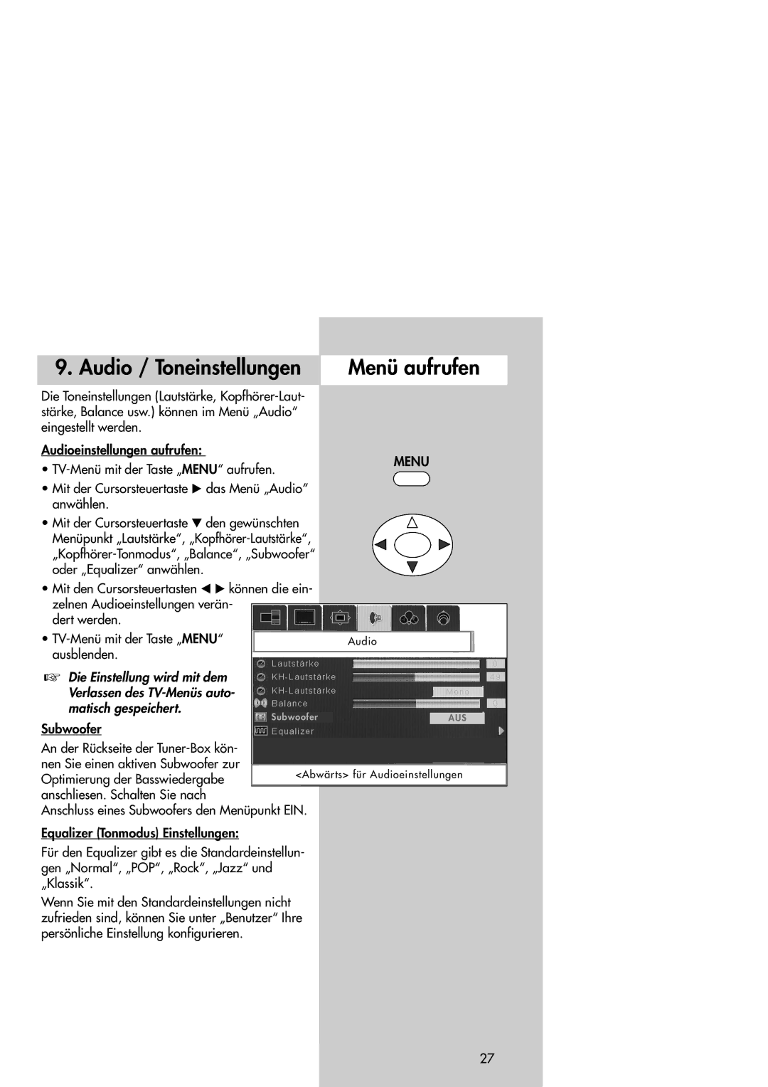 Metz 42TM92 operating instructions Audio / Toneinstellungen Menü aufrufen, Ausblenden, Subwoofer 