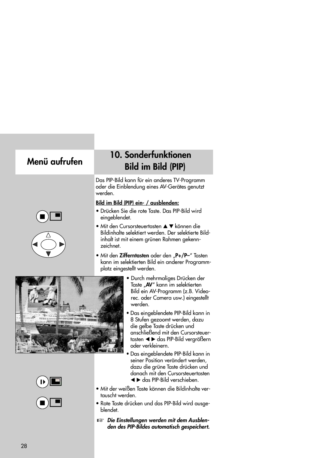 Metz 42TM92 operating instructions Menü aufrufen Sonderfunktionen Bild im Bild PIP 