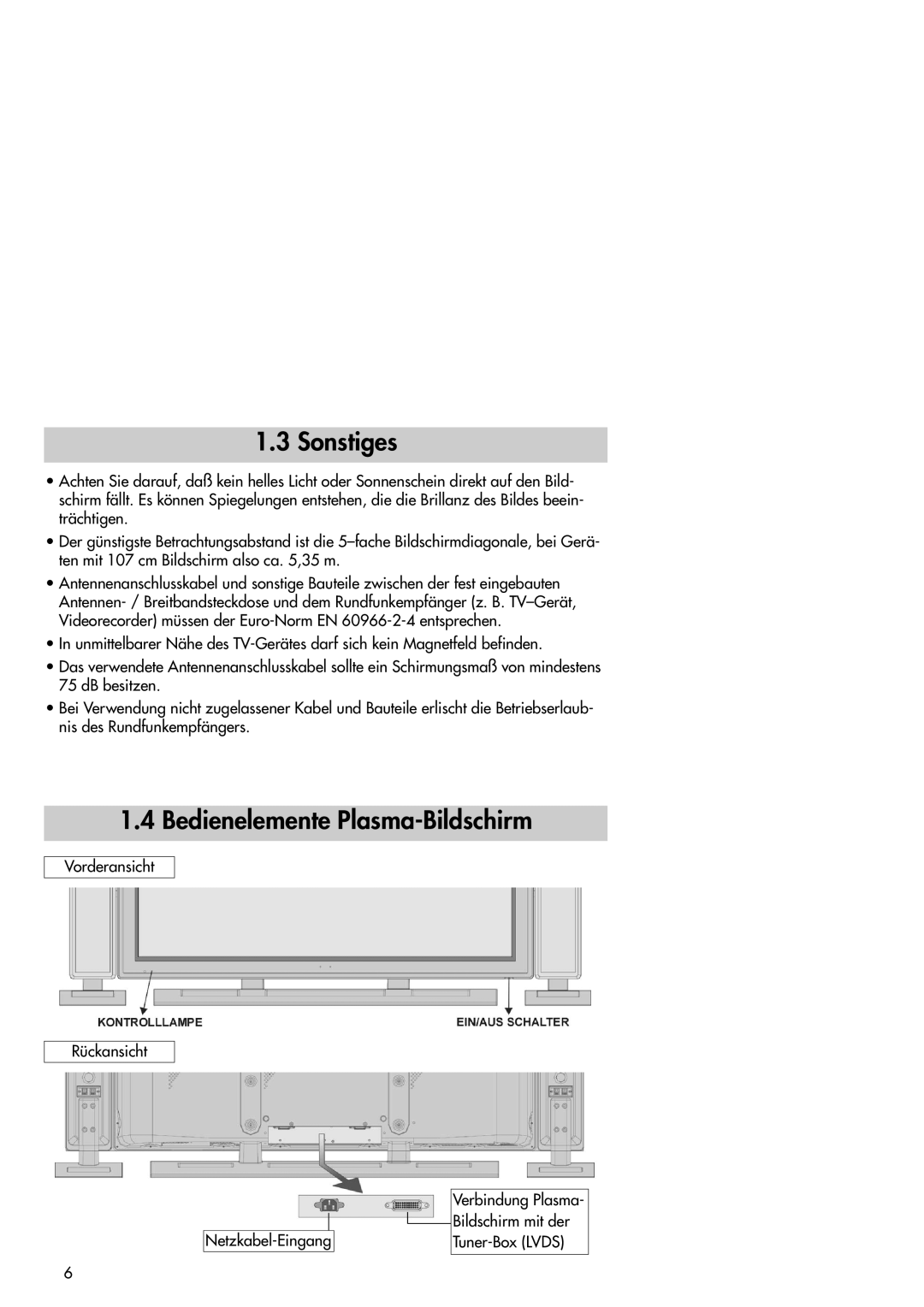 Metz 42TM92 operating instructions Sonstiges, Bedienelemente Plasma-Bildschirm 