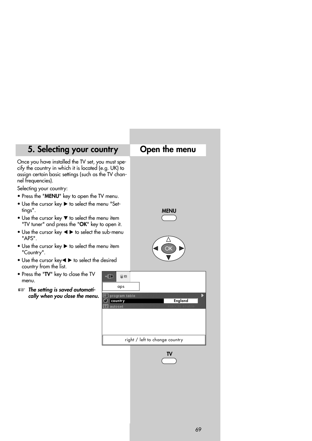 Metz 42TM92 operating instructions Selecting your country Open the menu 