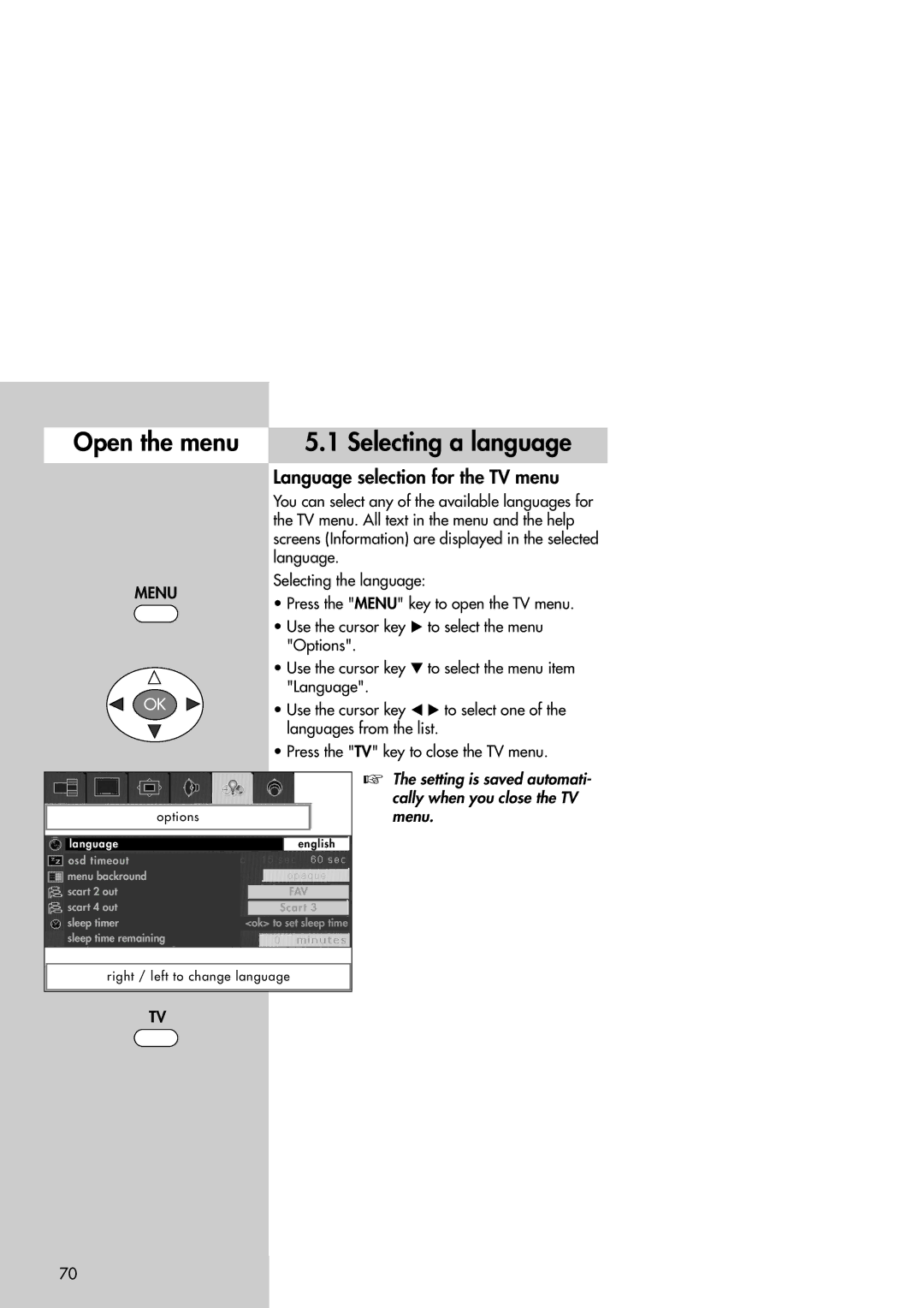 Metz 42TM92 operating instructions Open the menu Selecting a language, Language selection for the TV menu 