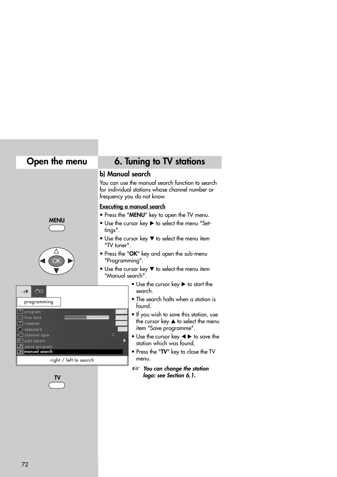 Metz 42TM92 Open the menu Tuning to TV stations, Manual search, For individual stations whose channel number or 