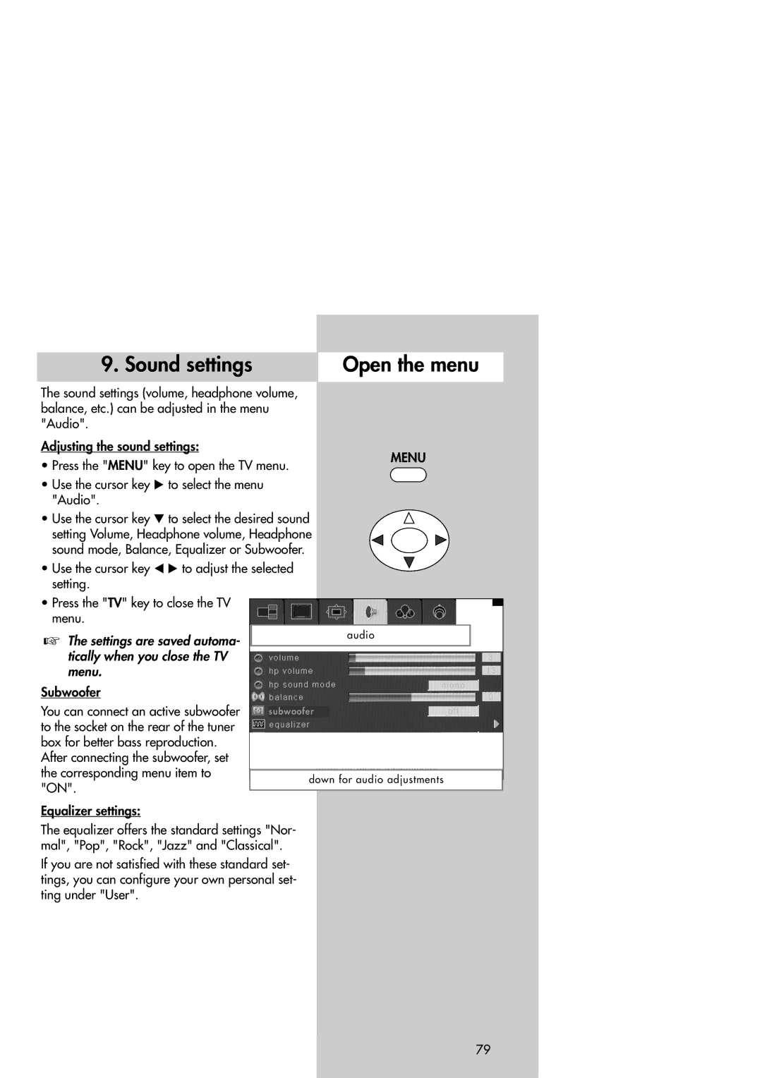 Metz 42TM92 operating instructions Sound settings Open the menu, Subwoofer You can connect an active subwoofer 