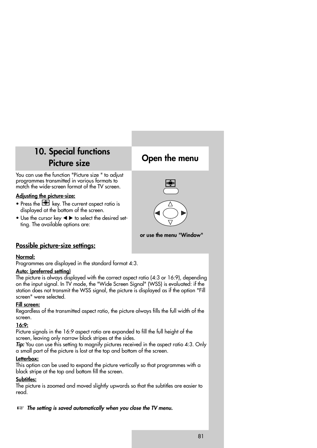 Metz 42TM92 operating instructions Special functions Picture size, Possible picture-size settings 