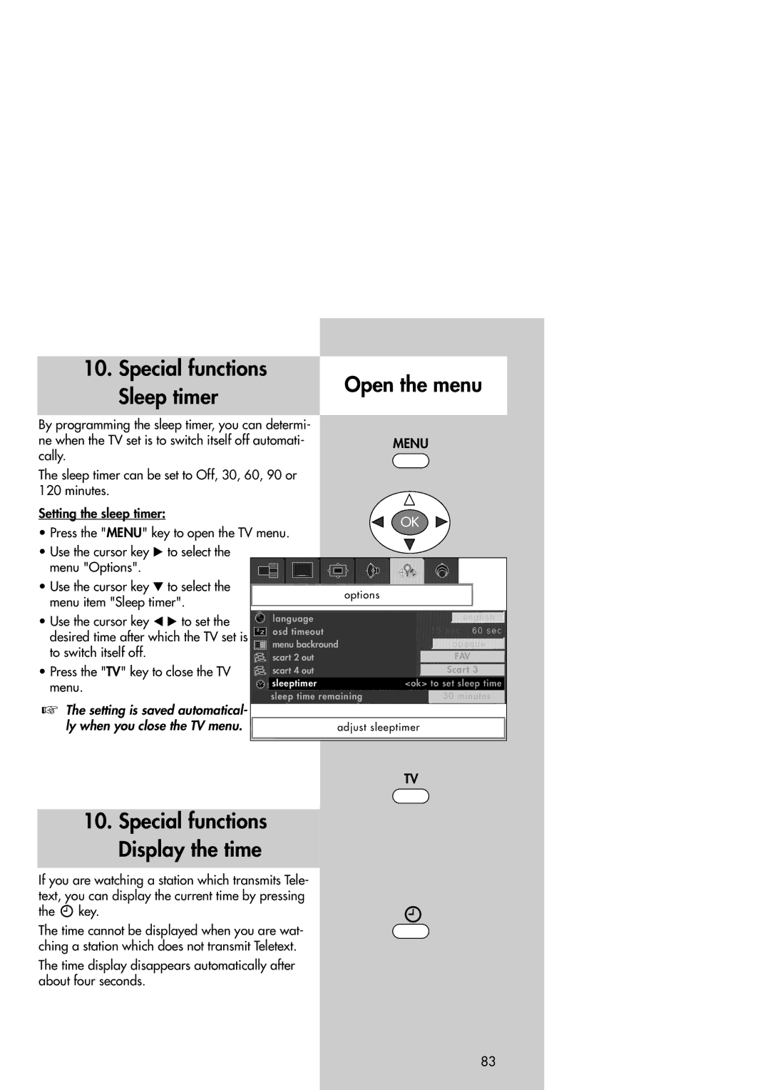 Metz 42TM92 Special functions Open the menu Sleep timer, Special functions Display the time, Menu item Sleep timer 