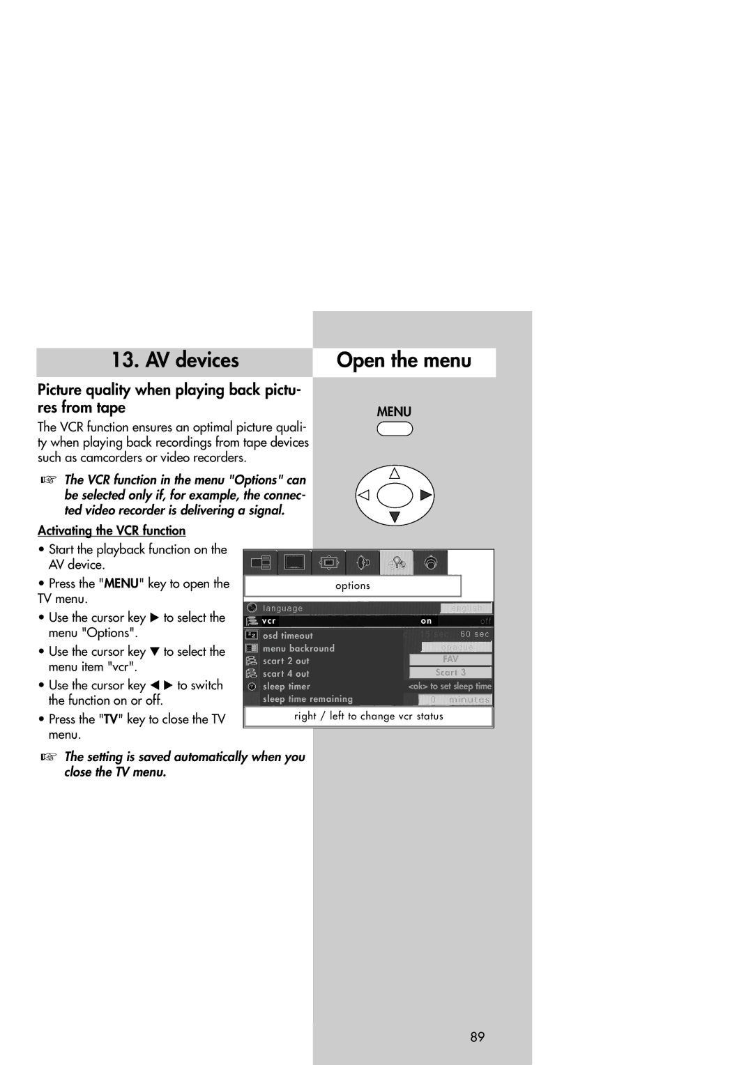 Metz 42TM92 operating instructions AV devices Open the menu, Picture quality when playing back pictu Res from tape 