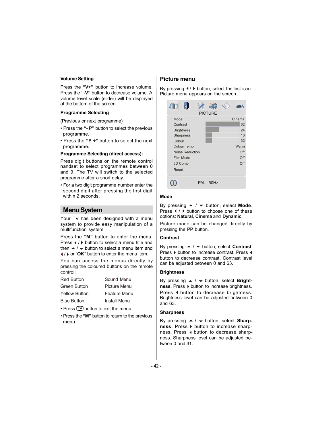 Metz 42TN92 manual MenuSystem, Picture menu 