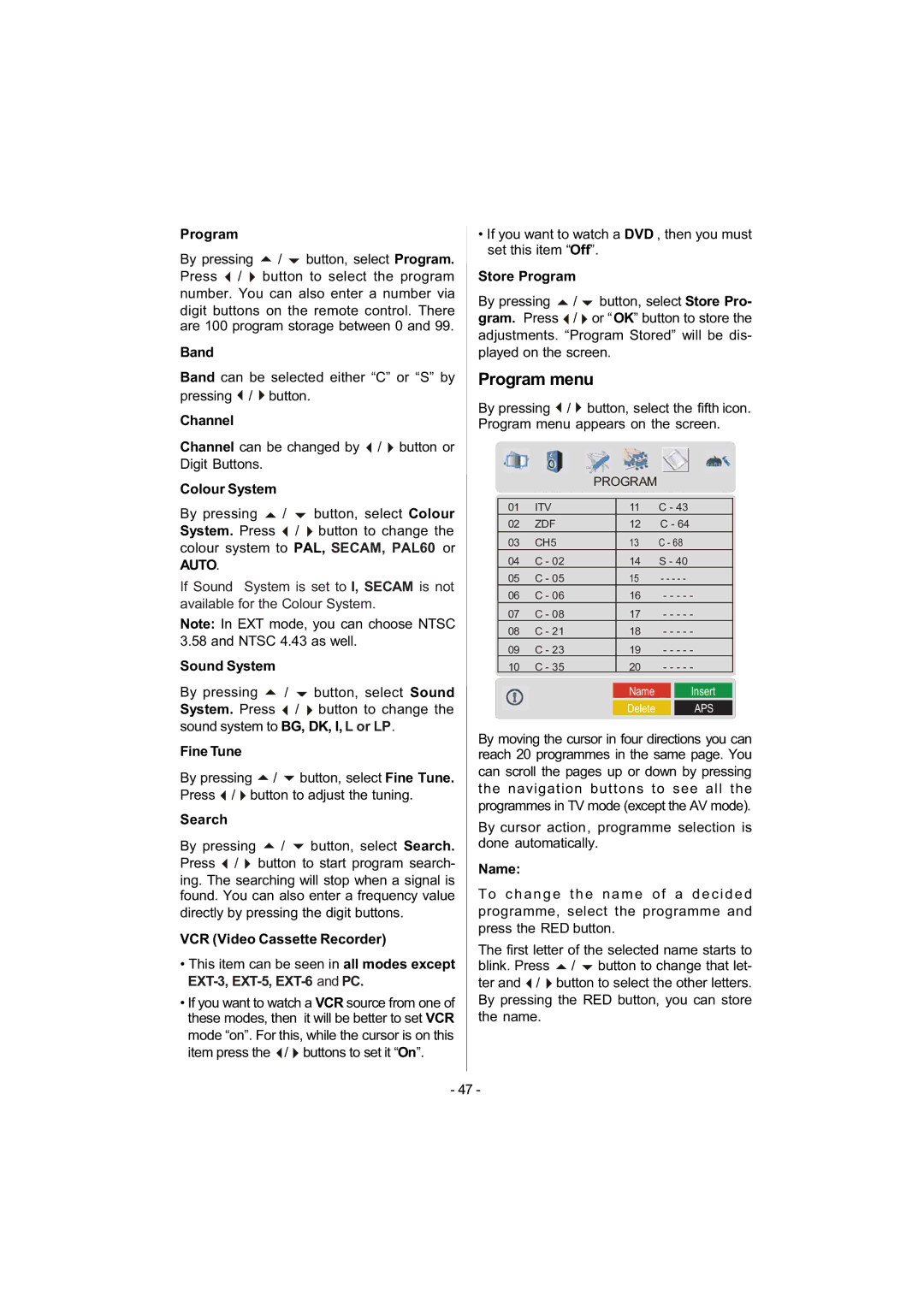 Metz 42TN92 manual Program menu 