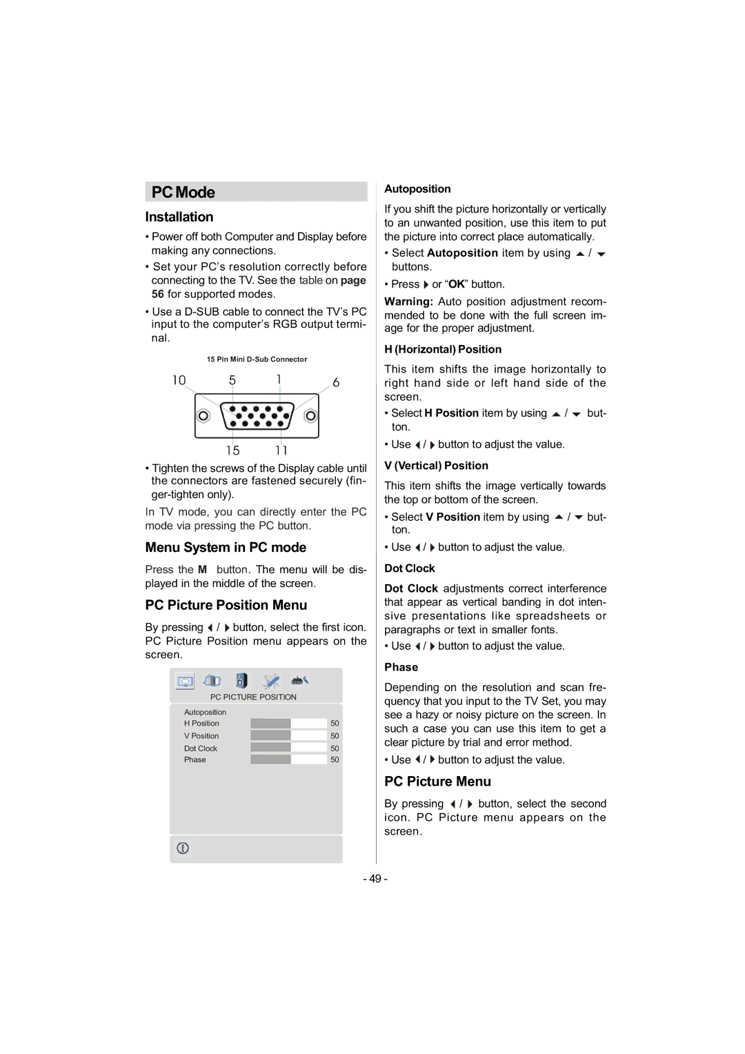 Metz 42TN92 manual PCMode, Installation, Menu System in PC mode, PC Picture Position Menu, PC Picture Menu 