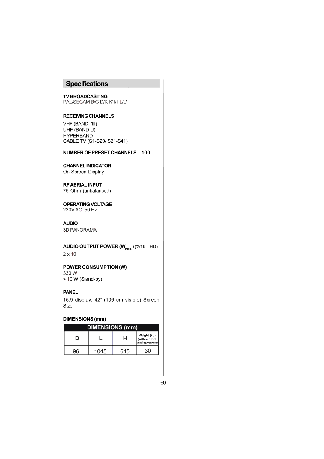 Metz 42TN92 manual Specifications, Dimensions mm 