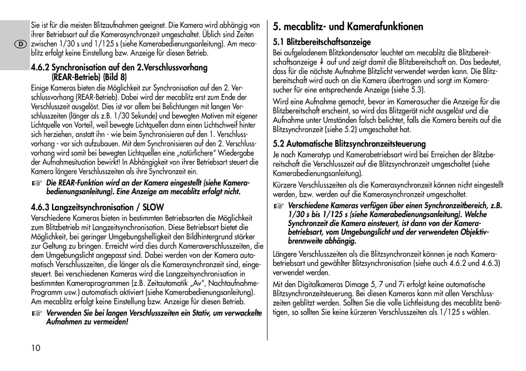 Metz 44 AF-3M instruction manual Mecablitz- und Kamerafunktionen, Langzeitsynchronisation / Slow, Blitzbereitschaftsanzeige 