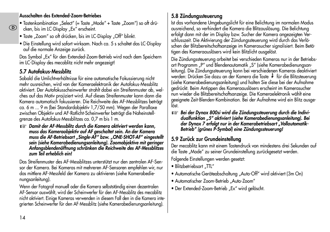 Metz 44 AF-3M instruction manual Autofokus-Messblitz, Zündungssteuerung, Zurück zur Grundeinstellung 