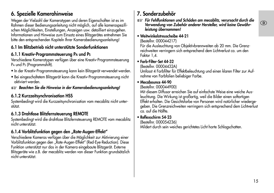 Metz 44 AF-3M Spezielle Kamerahinweise, Sonderzubehör, Kurzzeitsynchronisation HSS, Drahtlose Blitzfernsteuerung Remote 