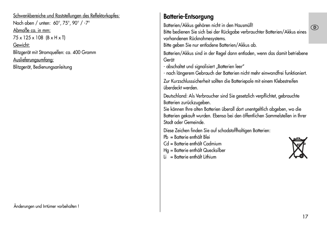 Metz 44 AF-3M instruction manual Batterie-Entsorgung, Batterien/Akkus gehören nicht in den Hausmüll 