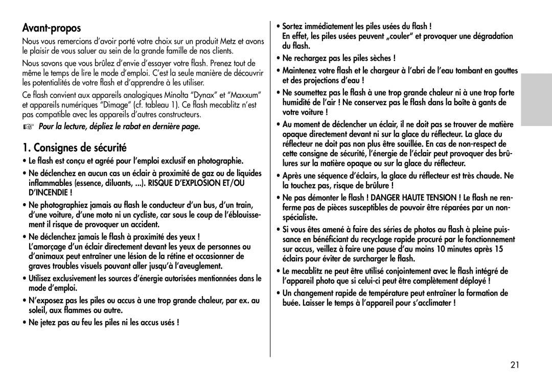 Metz 44 AF-3M instruction manual Avant-propos, Consignes de sécurité 