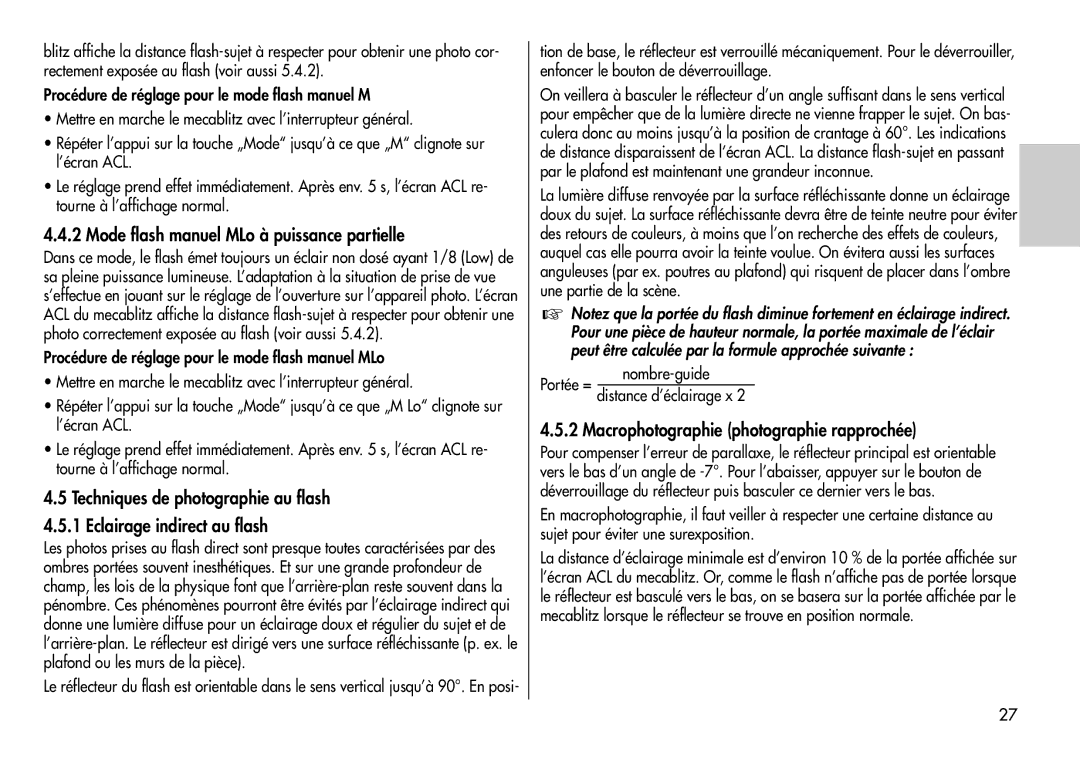 Metz 44 AF-3M instruction manual Mode flash manuel MLo à puissance partielle, Macrophotographie photographie rapprochée 