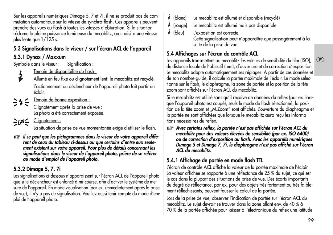 Metz 44 AF-3M Affichages sur l’écran de contrôle ACL, Affichage de portée en mode flash TTL, Suite de la prise de vue 