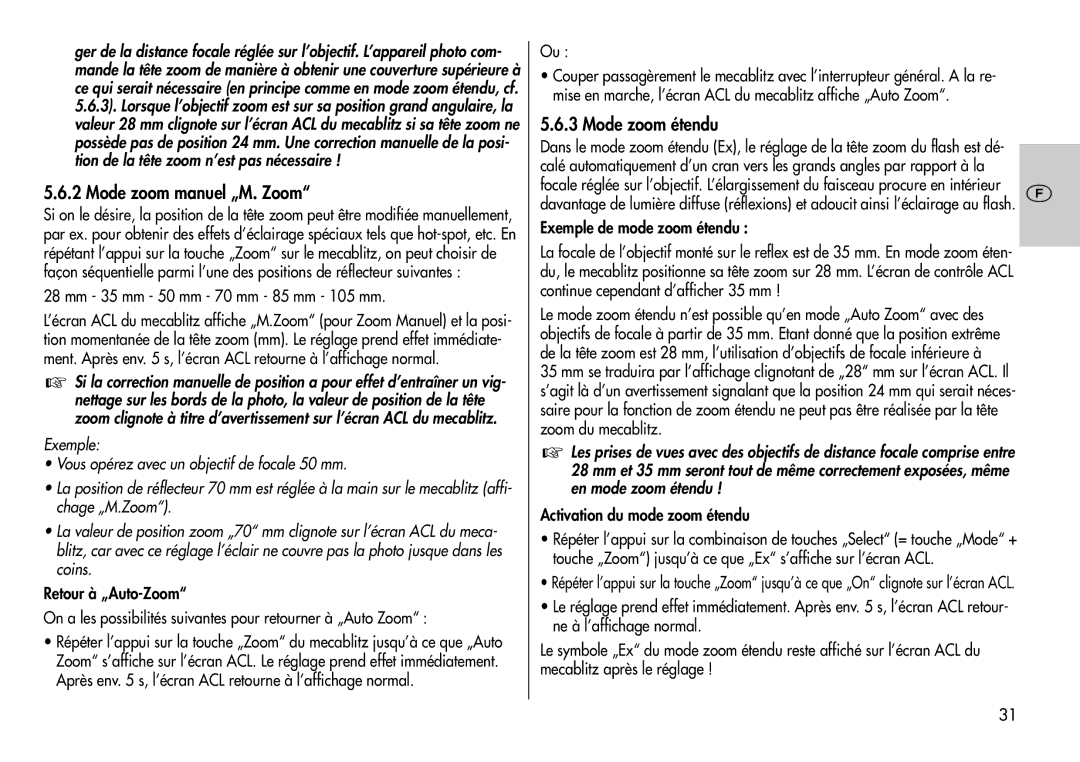Metz 44 AF-3M instruction manual Mode zoom manuel „M. Zoom, Mode zoom étendu, Mm 35 mm 50 mm 70 mm 85 mm 105 mm 