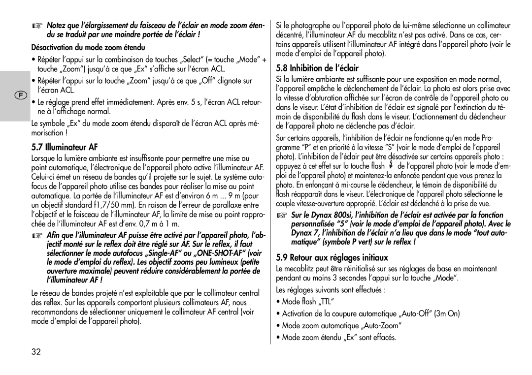 Metz 44 AF-3M Illuminateur AF, Inhibition de l’éclair, Retour aux réglages initiaux, Désactivation du mode zoom étendu 