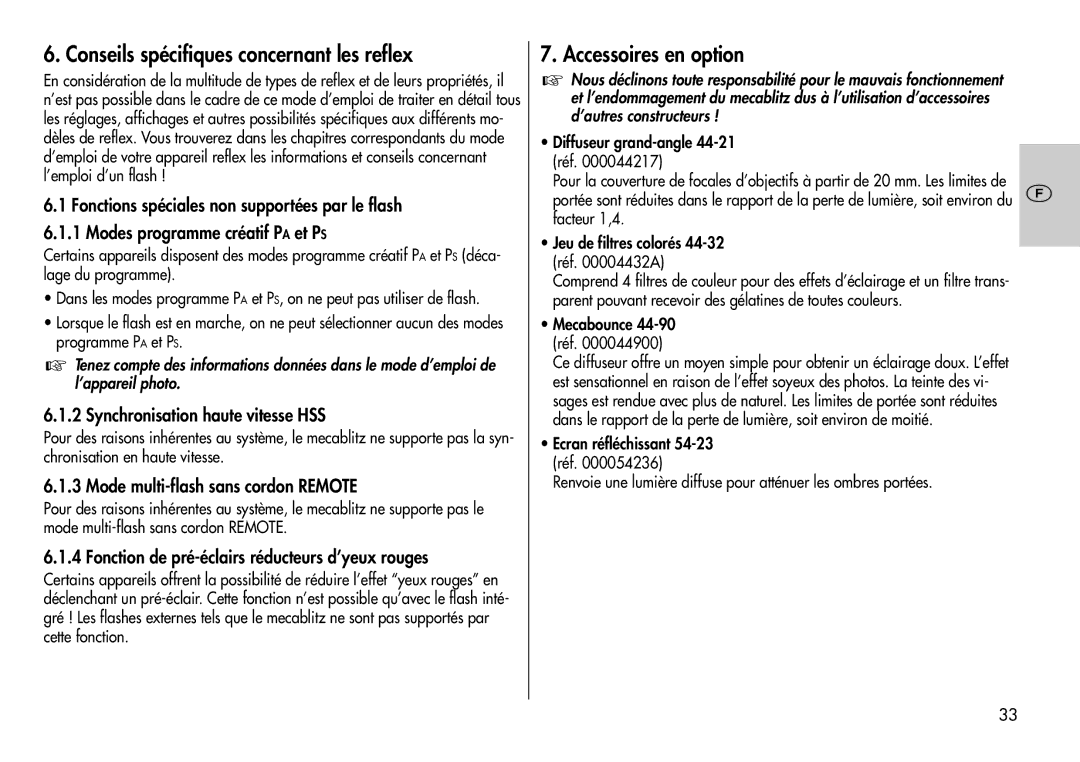 Metz 44 AF-3M Conseils spécifiques concernant les reflex, Accessoires en option, Synchronisation haute vitesse HSS 