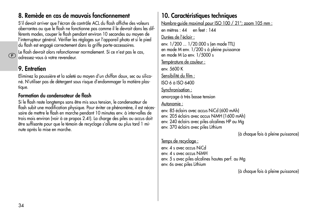 Metz 44 AF-3M instruction manual Remède en cas de mauvais fonctionnement, Entretien, Caractéristiques techniques 