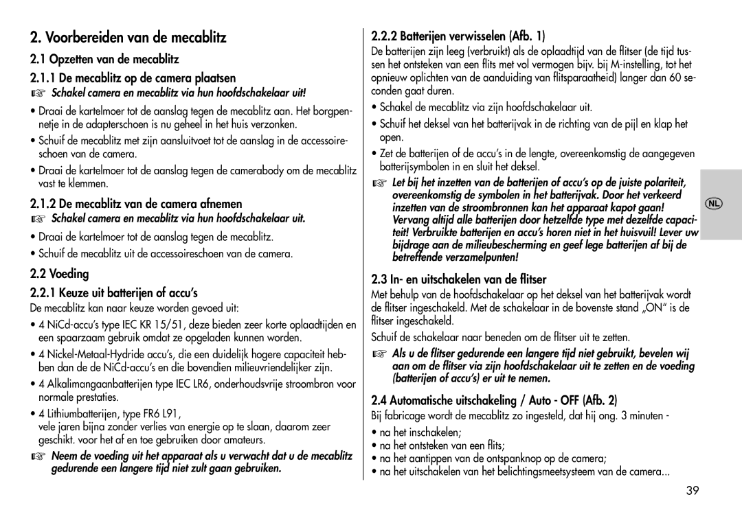 Metz 44 AF-3M instruction manual Voorbereiden van de mecablitz 