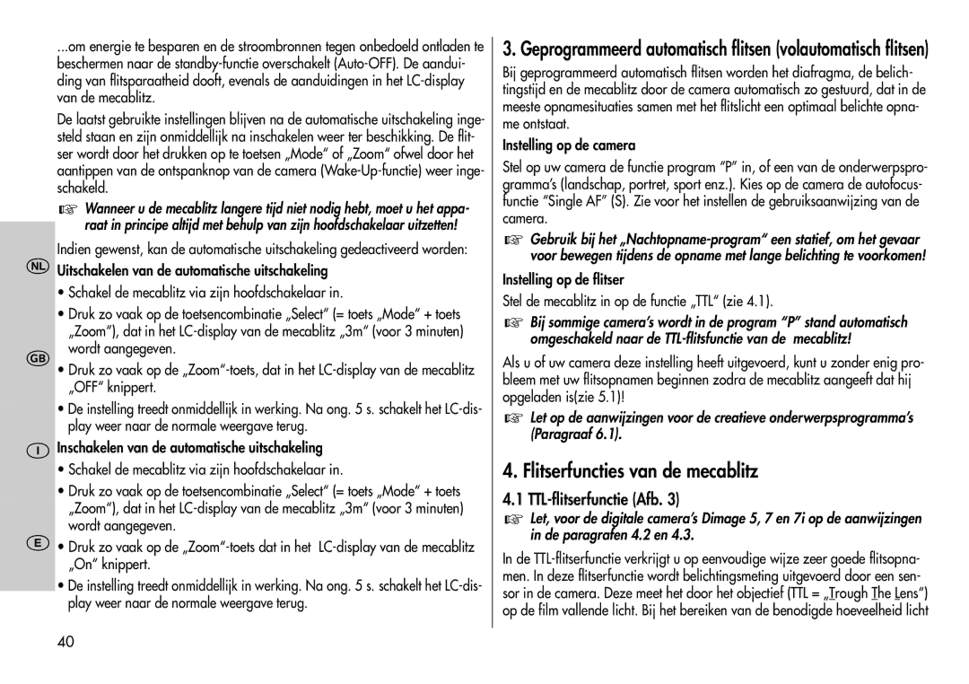 Metz 44 AF-3M instruction manual Flitserfuncties van de mecablitz, TTL-flitserfunctie Afb 