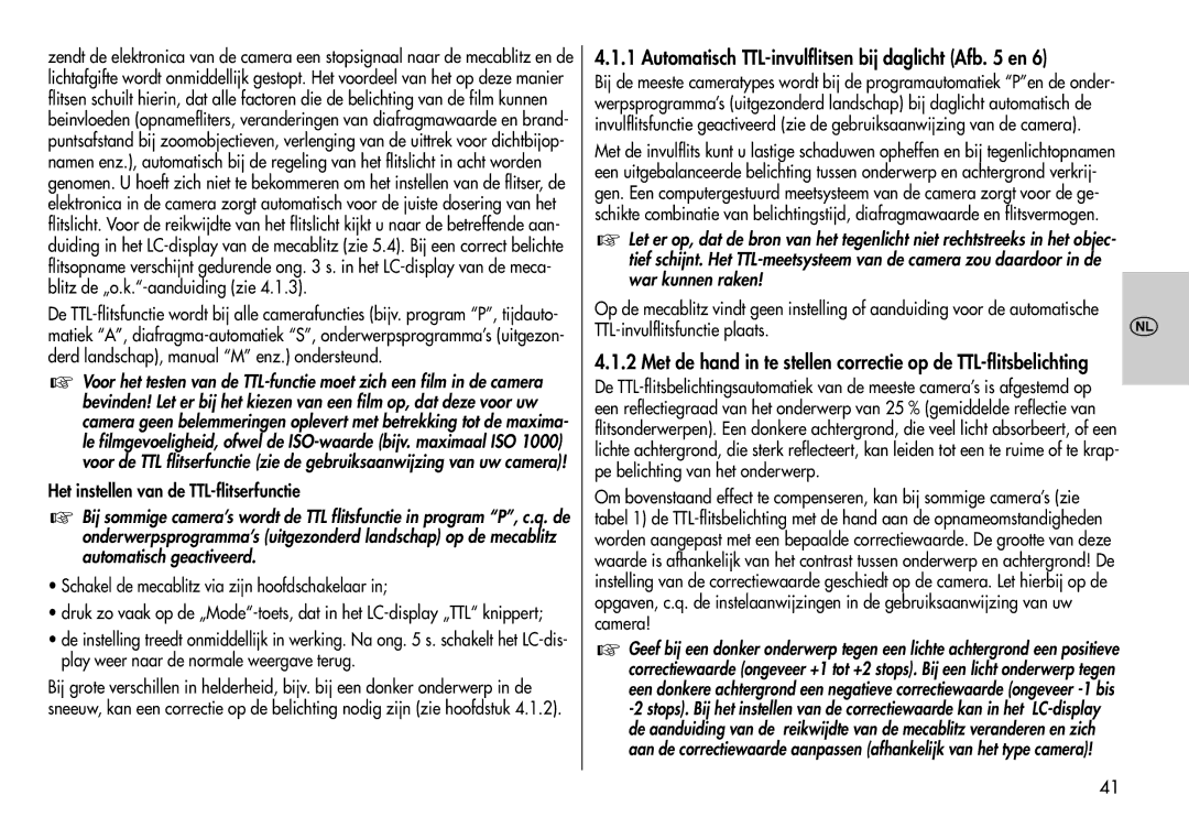 Metz 44 AF-3M instruction manual Automatisch TTL-invulflitsen bij daglicht Afb en, Het instellen van de TTL-flitserfunctie 