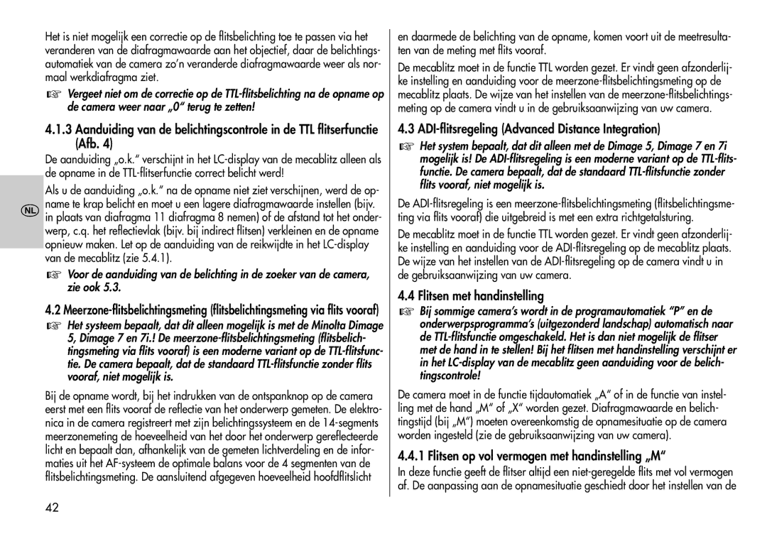 Metz 44 AF-3M instruction manual ADI-flitsregeling Advanced Distance Integration, Flitsen met handinstelling 