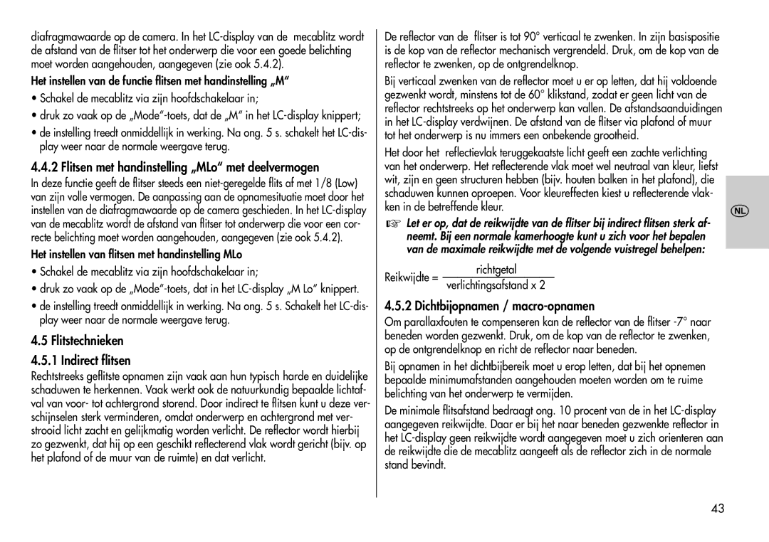 Metz 44 AF-3M instruction manual Flitsen met handinstelling „MLo met deelvermogen, Flitstechnieken 4.5.1 Indirect flitsen 