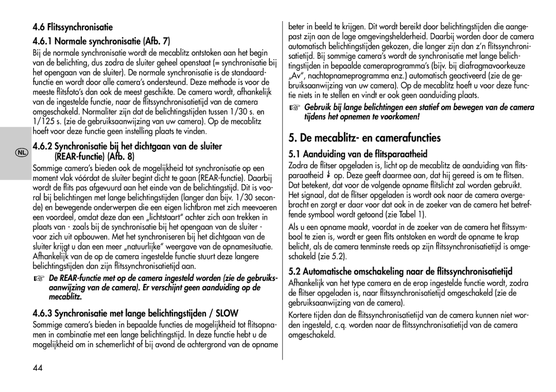 Metz 44 AF-3M instruction manual De mecablitz- en camerafuncties, Flitssynchronisatie Normale synchronisatie Afb 