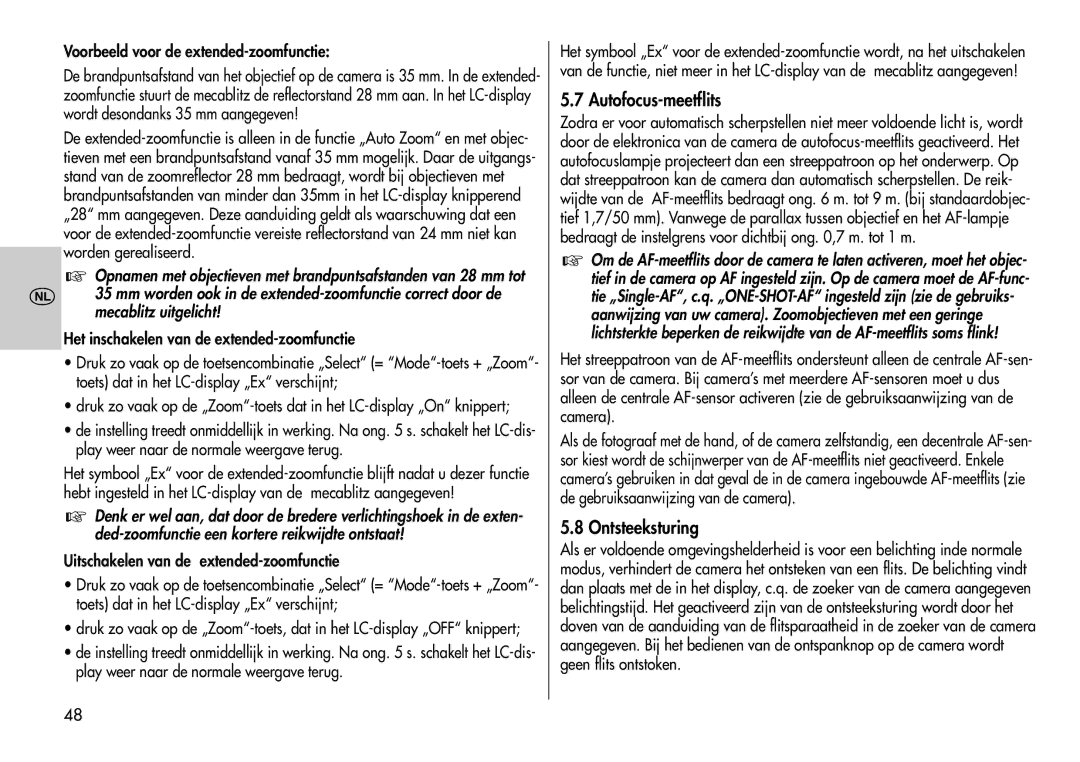 Metz 44 AF-3M instruction manual Autofocus-meetflits, Ontsteeksturing, Voorbeeld voor de extended-zoomfunctie 