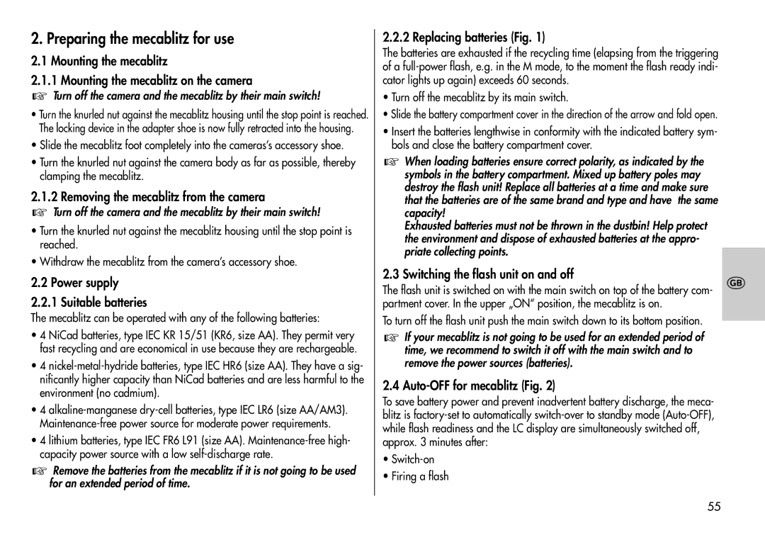 Metz 44 AF-3M instruction manual Preparing the mecablitz for use 