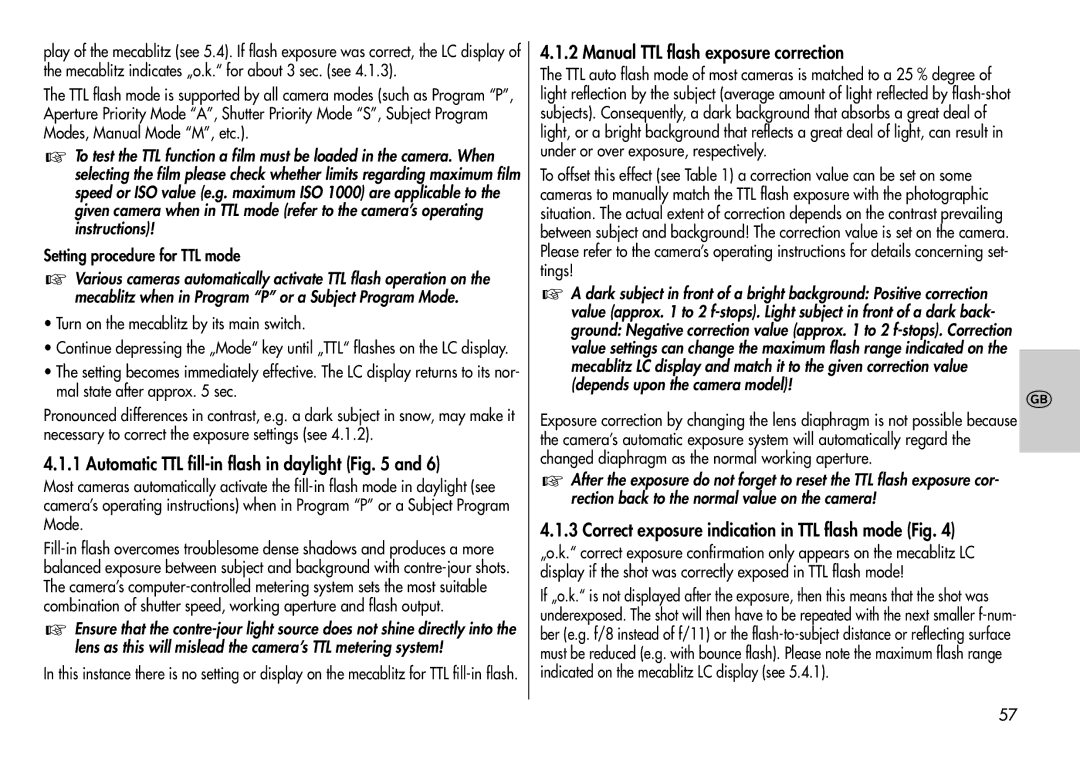 Metz 44 AF-3M instruction manual Automatic TTL fill-in flash in daylight, Manual TTL flash exposure correction 