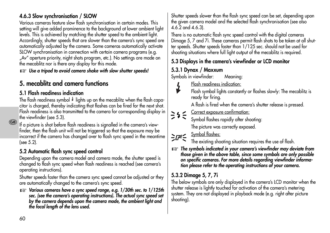 Metz 44 AF-3M instruction manual Mecablitz and camera functions, Slow synchronisation / Slow, Flash readiness indication 