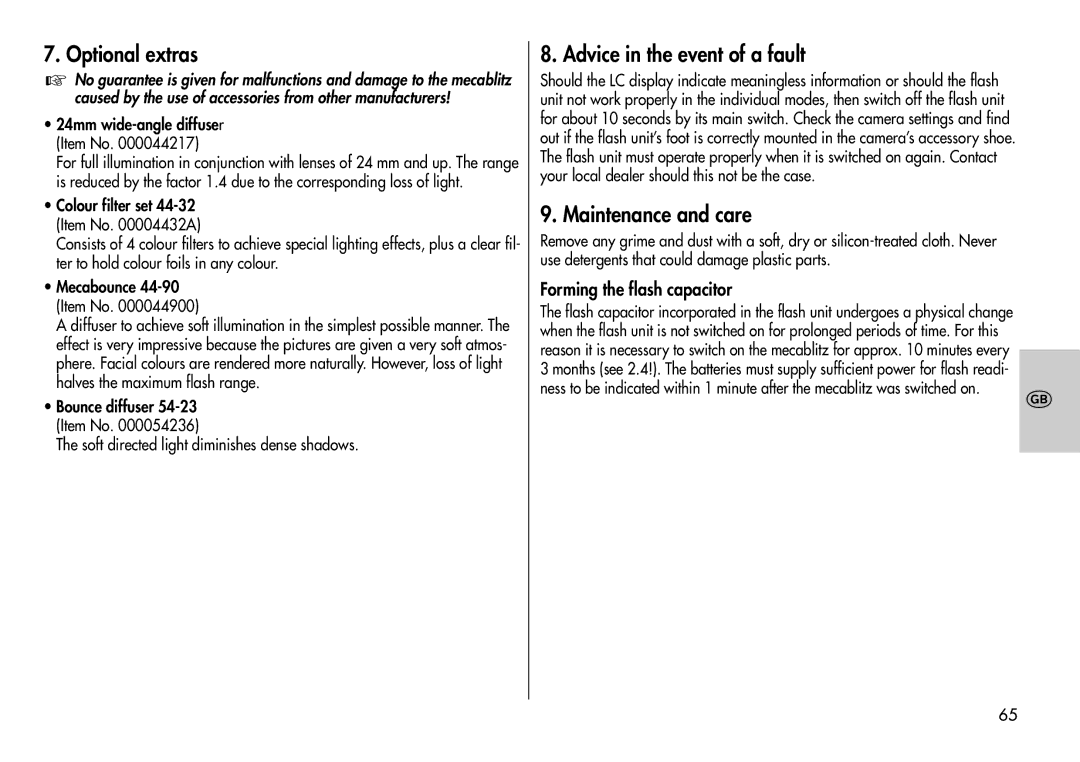 Metz 44 AF-3M Optional extras, Advice in the event of a fault, Maintenance and care, Forming the flash capacitor 