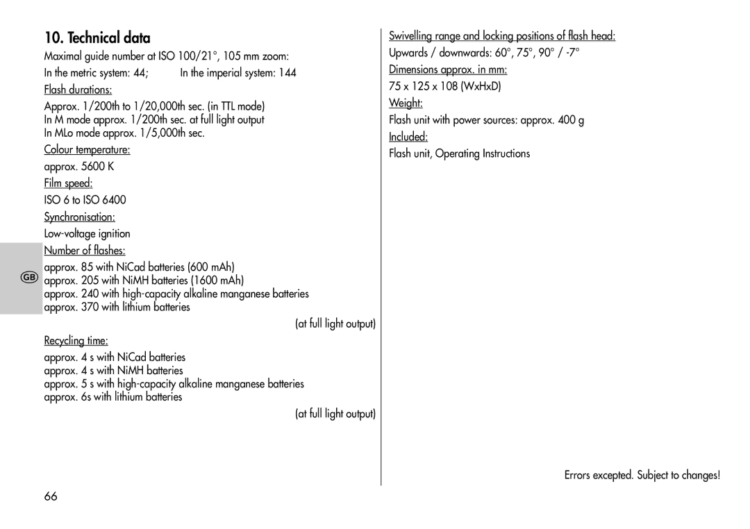 Metz 44 AF-3M instruction manual Technical data 