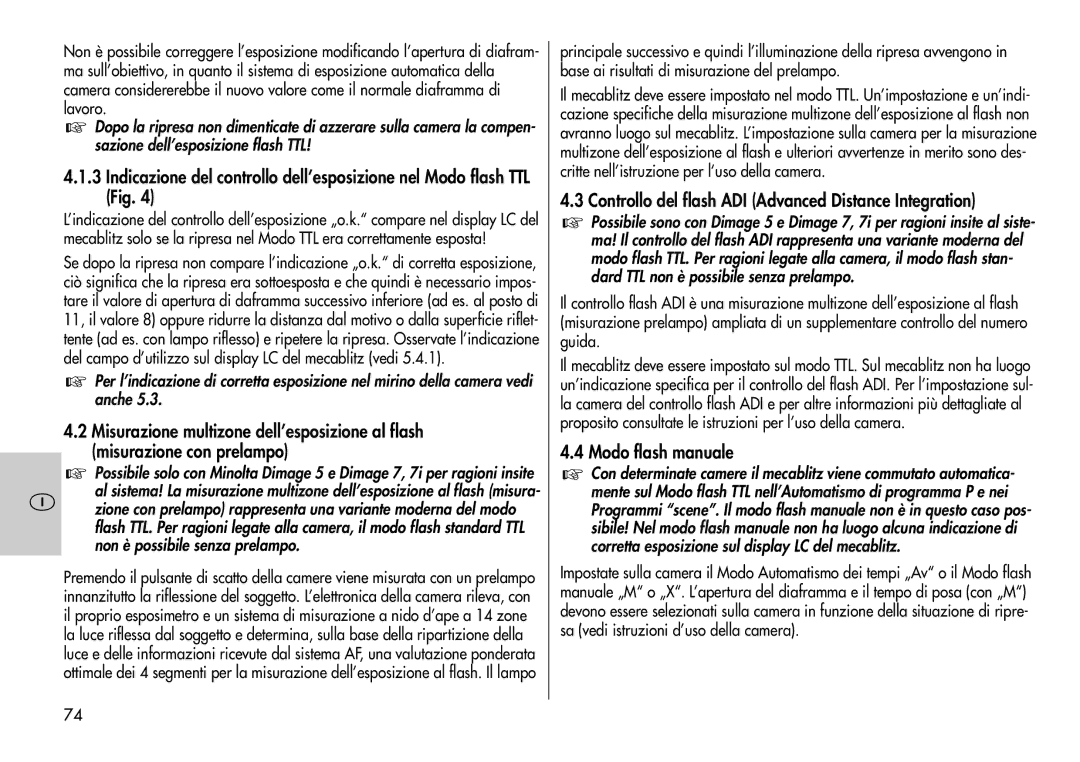 Metz 44 AF-3M instruction manual Controllo del flash ADI Advanced Distance Integration, Modo flash manuale 