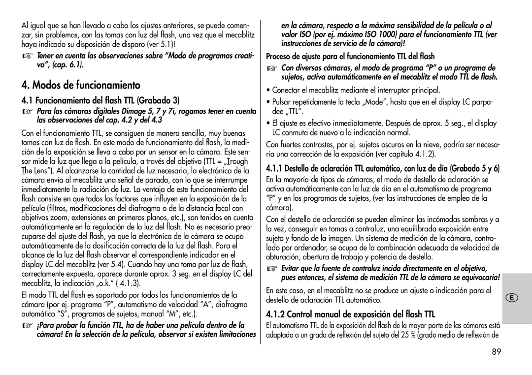 Metz 44 AF-3M Modos de funcionamiento, Funcionamiento del flash TTL Grabado, Control manual de exposición del flash TTL 